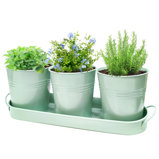 SORANGEUN Metal Herb Garden Planter Set with Tray, 3-Pack Green Zinc-Coated Windowsill Plant Pots with Drainage Holes & Handles for Indoor Outdoor Kitchen Garden