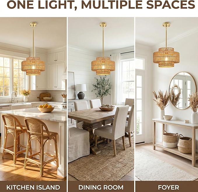 1 Light Pendant Lighting, Farmhouse Hanging Light Fixture for Kitchen Island & Dining Room, Industrial Vintage Ceiling Lamp with E26 Base, Adjustable Height, 12.4” Boho Rattan Chandelier
