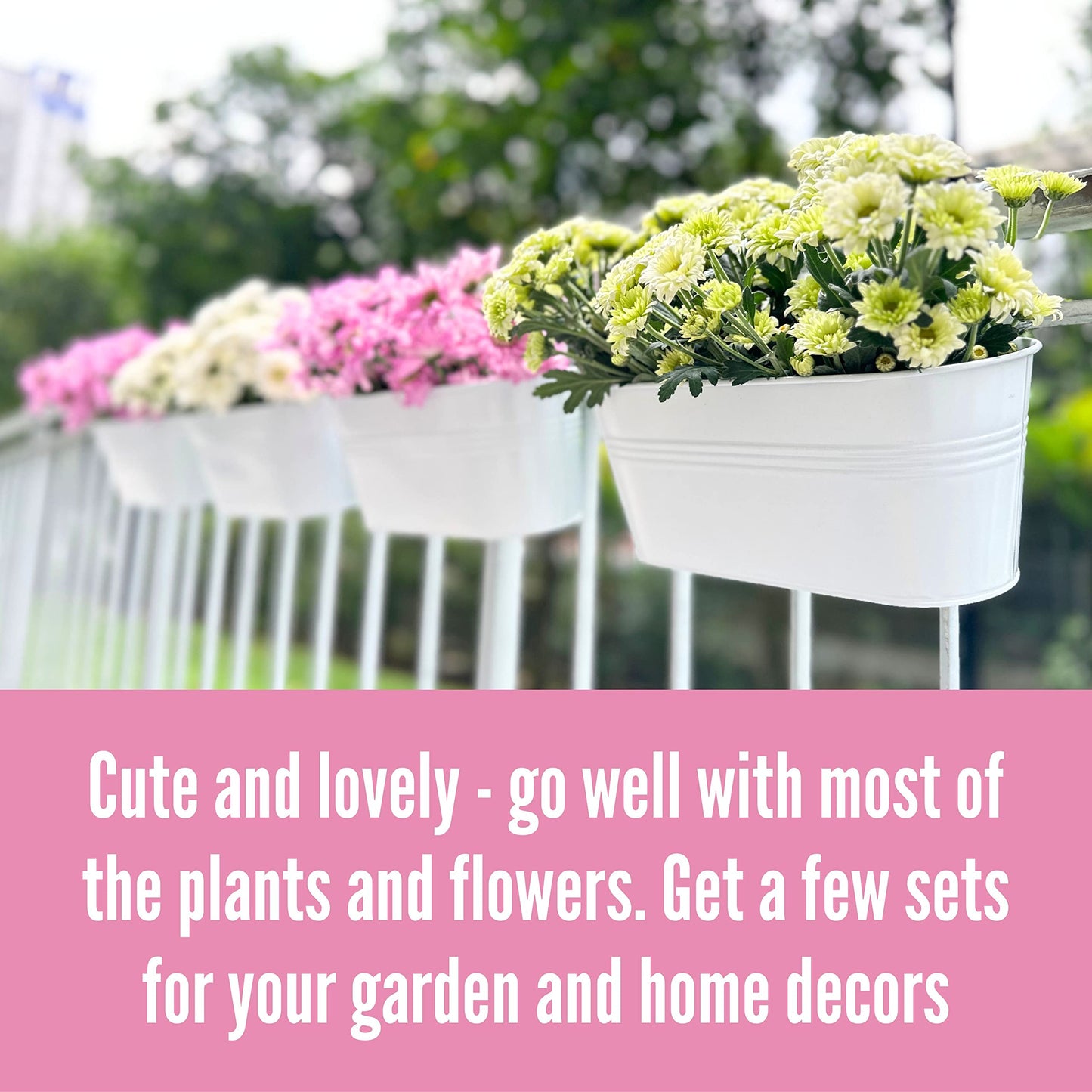 LaLaGreen Outdoor Rail Planter (8 Pack, 9.8 Inch) Small and Cute White Metal Iron Hanging Flower Pots Deck Railings Fence Buckets Countryside Style Wall Mount Window Box Plant Holder Hooks Porch Decor
