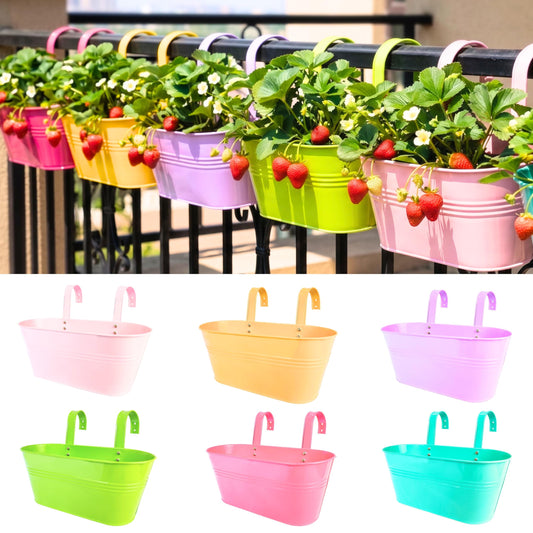 LaLaGreen Rail Planter Outdoor Plants (6 Pack, 9.8 Inch) Metal Iron Strawberry Hanging Flower Pots Deck Railing, Colorful Fence Bucket Modern Countryside Wall Mount Window Box Plant Holder Porch Decor