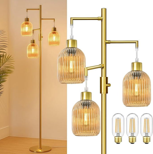 Modern Floor Lamp for Living Room, Dimmable Glass Standing Lamp Vintage Retro 3 Lights Tall Floor Lamps with Amber Lamp Shade Mid Century Tree Lamp, 3×6W Bulbs Included