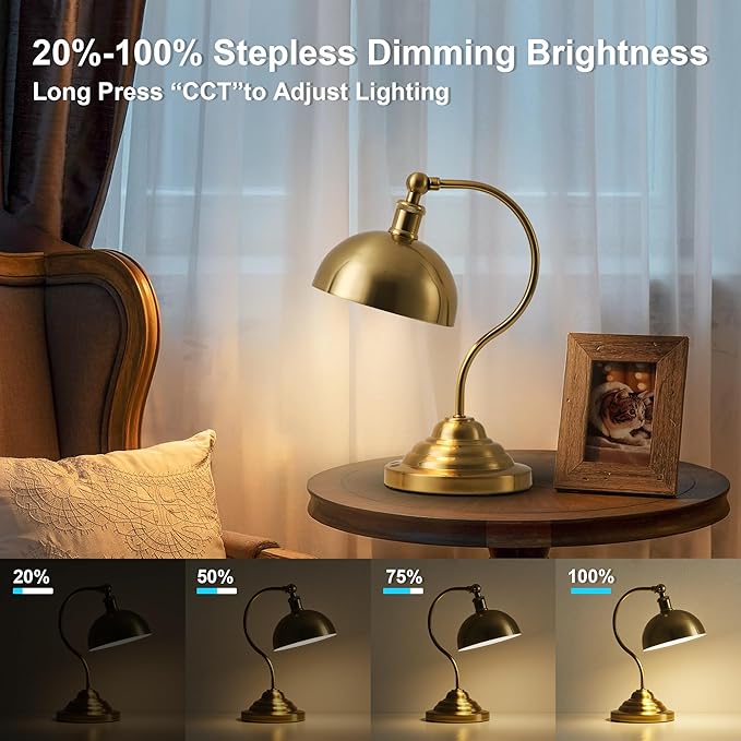 Cordless LED Table Lamp Set of 2, Battery Operated Desk Lamps with Swing Arm & Plastic Shade, Vintage Small Rechargeable Dimmable Light for Bedroom, Living Room, Nightstand, Brass