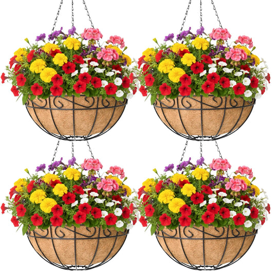 KIDYBELL 4 Pack 14 Inch Hanging Baskets for Plants Outdoor Metal Hanging Planter Basket with Coco Coir Liner Hanging Flower Pots Holder for Garden, Patio(Flower)