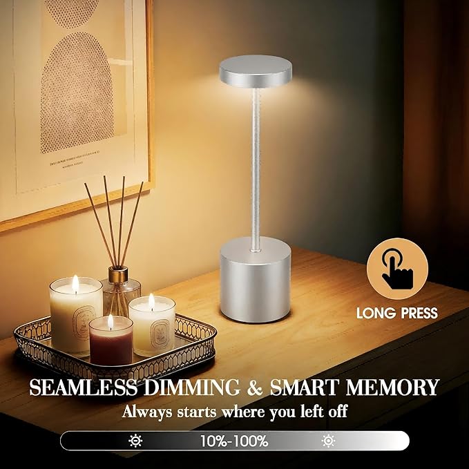 Cordless Table Lamp – 2 Pack Rechargeable Table Lamps, 5000mAh Battery Operated Lamp with 3-Color Dimmable Light, Outdoor Table Lamp for Bedroom, Restaurant, Patio, Home Décor (Silver)