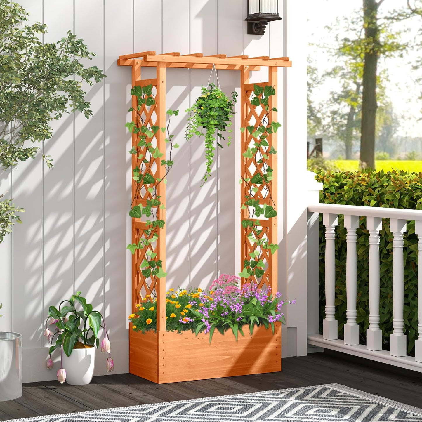 LDAILY Raised Garden Bed with Trellis, Above Ground Garden Bed with Hanging Roof, Side Trellis, & Drainage Holes, Planter Box for Outdoor Climbing Plants Vines Flowers (1, 31" L x 14" W x 60" H)