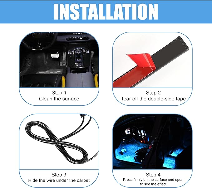 Car LED Strip Light, 24 LED RGB Neon Auto Interior Atmosphere Lights, 12V USB Port Under Dash Ambient Night Light, Universal Decorative Lamp Accessory for Car Truck (Ice Blue, USB)