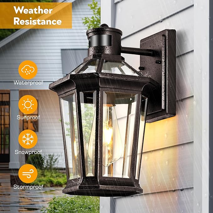 VIANIS Motion Sensor Outdoor Lights, Oil Rubbed Bronze Dusk to Dawn Outdoor Wall Lights Exterior, Waterproof Wall Lantern with Tempered Glass, Modern Outside Wall Sconce for Garage Front Porch, E26