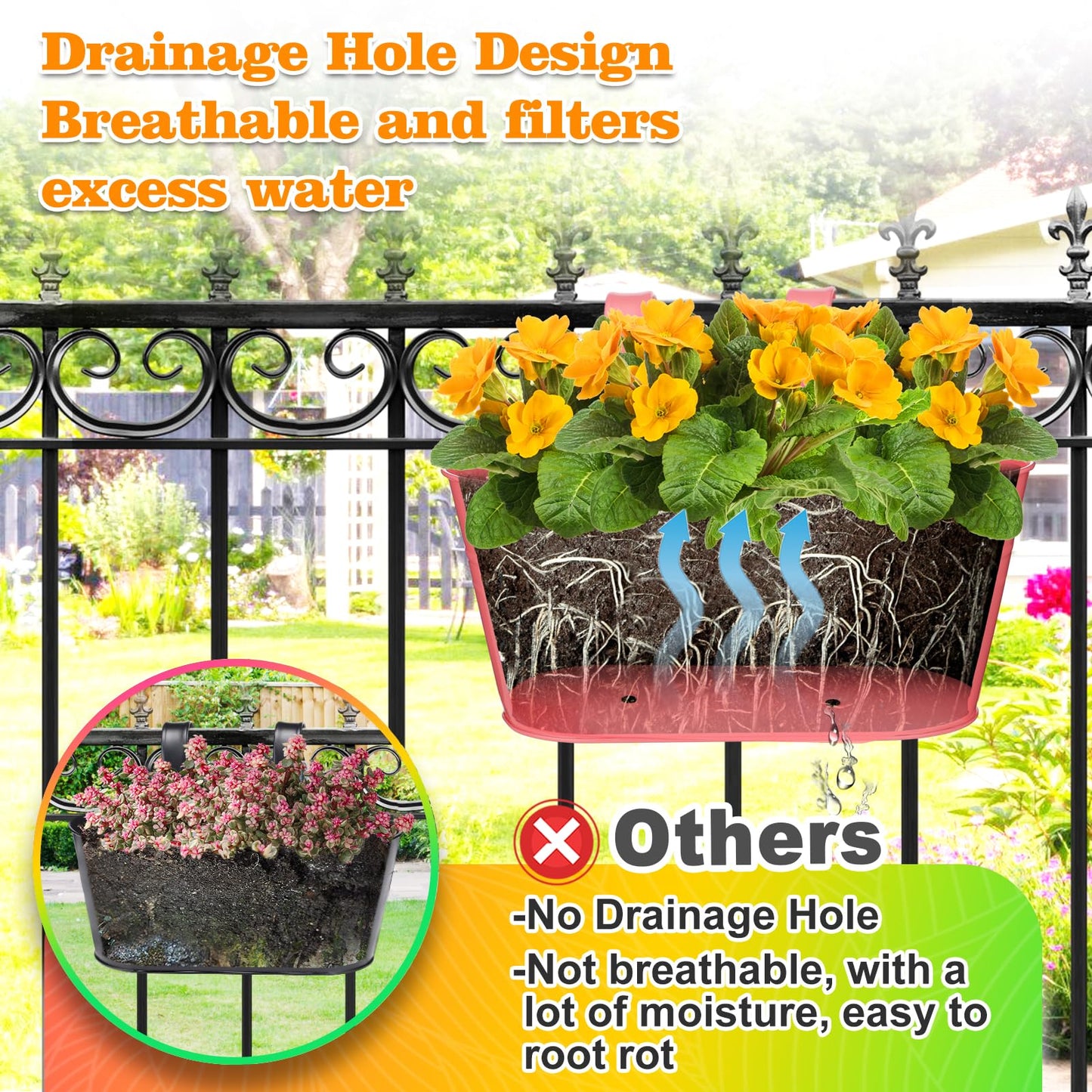 MADHOLLY Railing Planter with Drainage Holes - 6Pcs Sturdy Bucket Pots for Railing Fence, Countryside Style Metal Flower Pots for Herbs Balcony Garden Yard Decor, Colorful