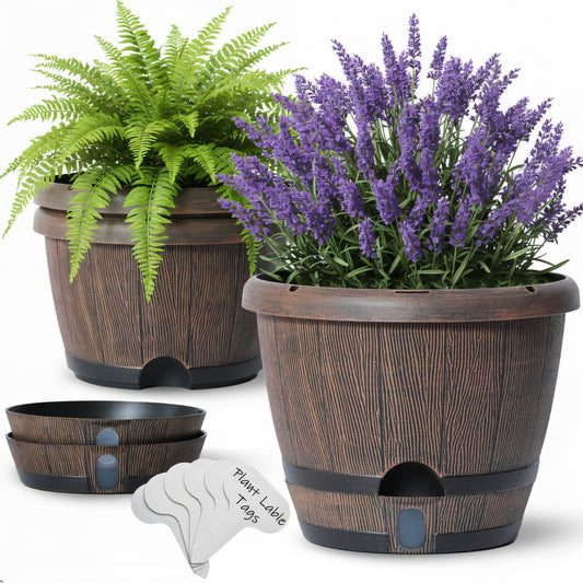 Sun-E 10 Inch Whiskey Barrel Self Watering Planters 3Pack- Brown Wood Grain with Side Water Level Indicator,Drainage Holes,Saucer&Plant Tags for Indoor Outdoor Garden Plants,Decor&Plants Not Included