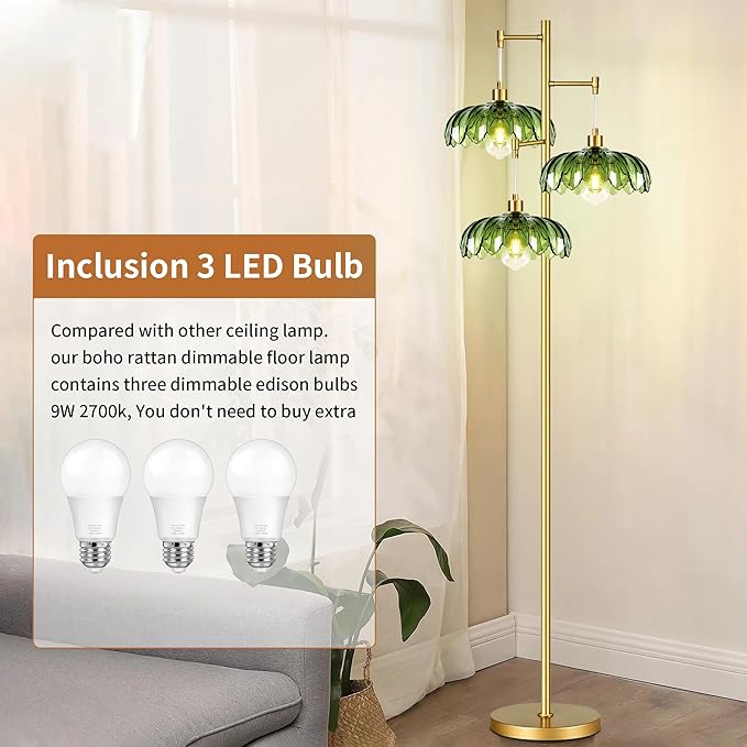 Gold Floor Lamps for Living Room Bedroom-3 Light Glass Floor Lamp with Three Led Bulb,Mid Century Standing Lamp Vintage Brass Tall Lamp Tree Floor Lamp for Bedroom Corner