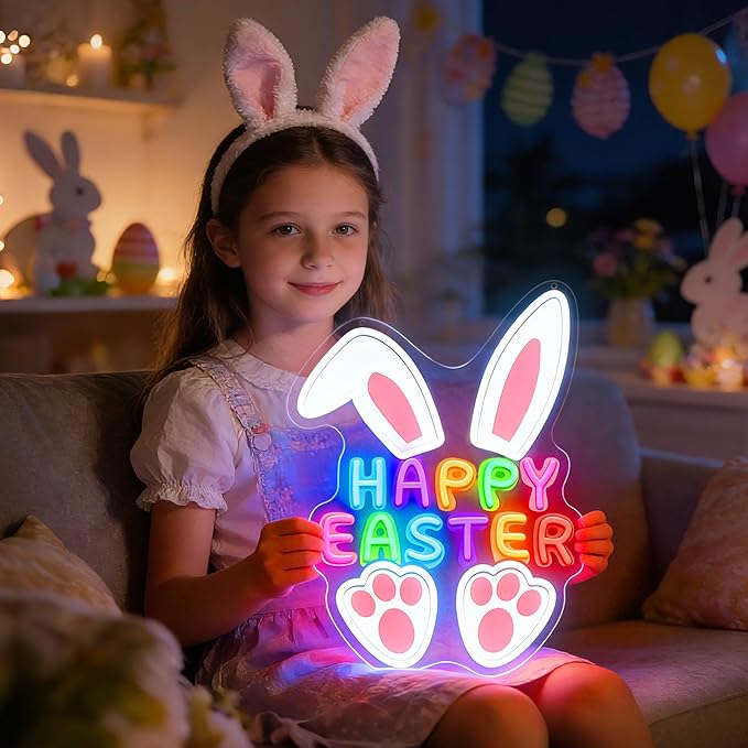 CULISER Happy Easter Neon Signs for Wall Decor, LED Bunny Egg Neon Light with USB Dimmable, Glowing Decor for Easter Party, Church, Kids Room, Home & Friend Gifts