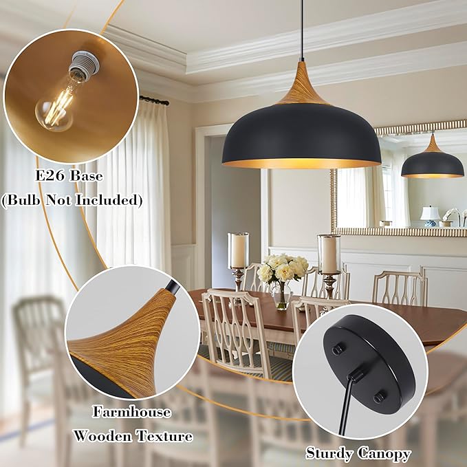 Black Farmhouse Dome Pendant Light 17.7" Large Vintage Pendant Light Fixture Hanging Wooden Pendant Lighting for Kitchen Island Dining Room Living Room Foyer Hallway