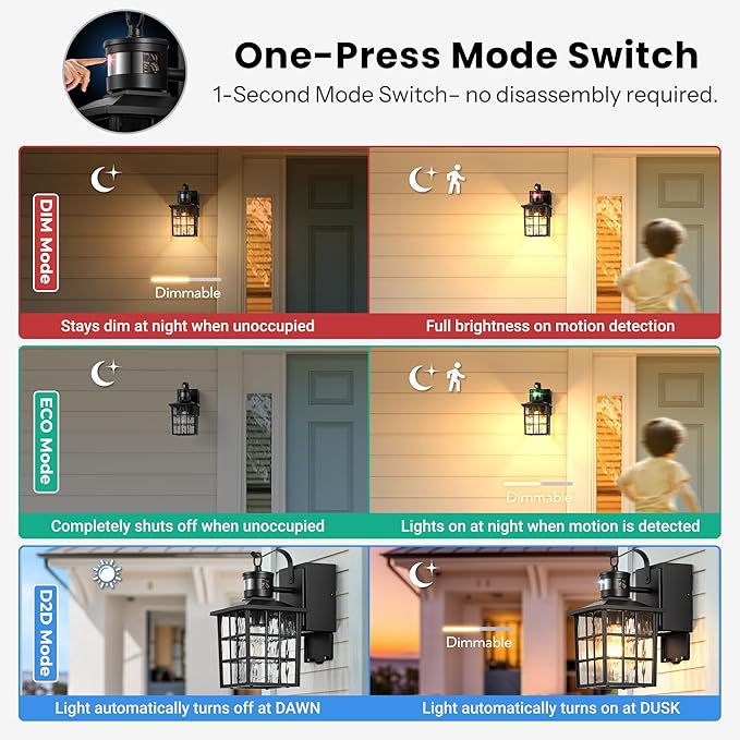Gleamz Motion Sensor Outdoor Wall Lights with GFCI Outlet, Modern Black Exterior Lighting Fixtures Wall Mount Sconce for House Garage, Anti-Rust Dusk to Dawn Front Porch Light with Water-Ripple Glass