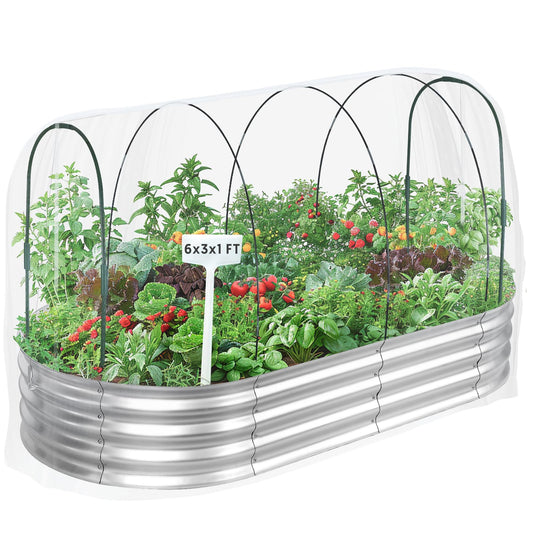 Raised Garden Bed with Greenhouse Frame and 3 Covers, 6x3x1 FT Garden Planting Box, Galvanized Metal Oval Tall Planter Box for Outdoor Gardening, Large Planting Space for Vegetables, Flowers