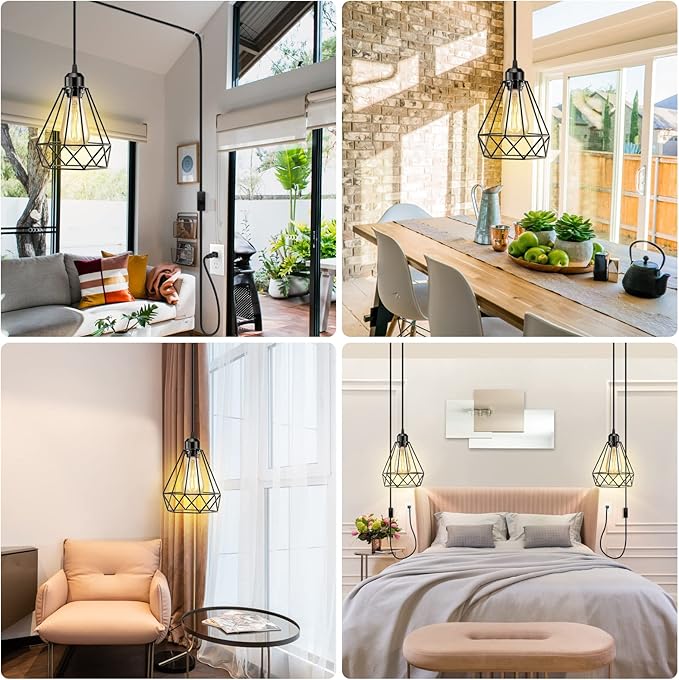 Plug in Pendant Light, Industrial Hanging Light with Plug in Cord, Black 15FT On/Off Switch Farmhouse Pendant Light, Hanging Lamps for Dining Room