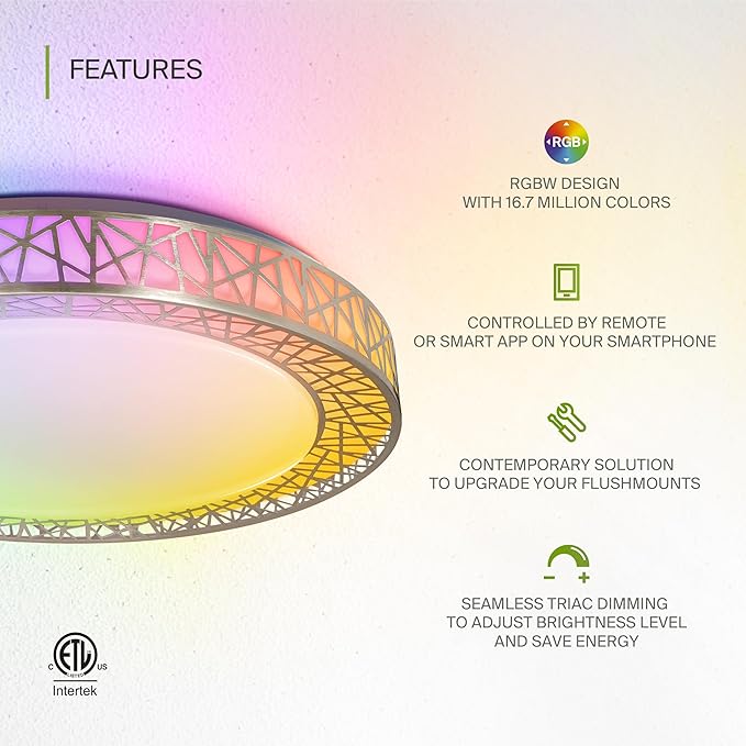 ASD 20 Inch Smart RGBW Flush Mount Ceiling Light with Remote - Brushed Nickel 42W 120V 2700-6500K Dimmable Ceiling Light Fixture, WiFi App Control RGB Lights, Alexa & Google Assistant - ETL, 2 Pack