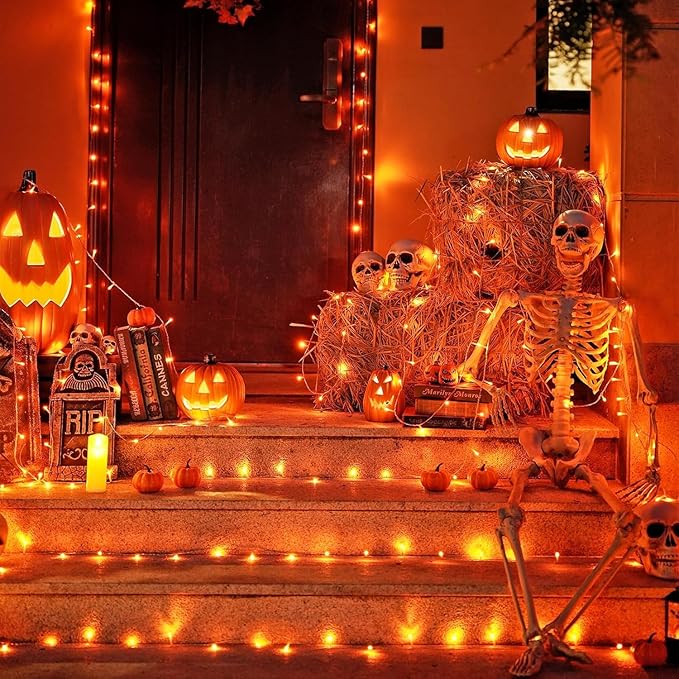JMEXSUSS 2 Pack 100 LED Orange Halloween Lights Outdoor, 33ft Connectable Orange String Lights for Halloween Indoor with 8 Modes, Clear Wire Fall Lights Plug in for Thanksgiving Christmas Decorations