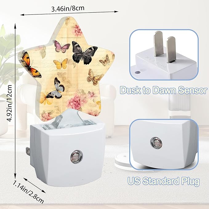 Vintage Butterfly Night Lights Plug Into Wall,Pink Flowers Star Night Light for Kids,Nightlight with Dusk to Dawn Smart Sensor for Bedroom Bathroom Decor,Children Women Men Gift