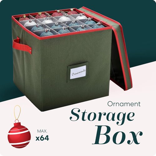 Handy Laundry Christmas Ornament Storage Box - Holds Up to 64 Ornaments | Adjustable Dividers & Two Handles - Keeps Holiday Decorations Clean and Dry (Green)