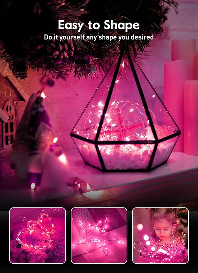 Fairy Lights Plug in, 33Feet 100 LEDs USB Twinkle String Lights with Remote and Timer, Waterproof 8 Modes for Bedroom Indoor Wreath DIY Wedding Holiday Christmas Valentine's Day Decoration, Pink