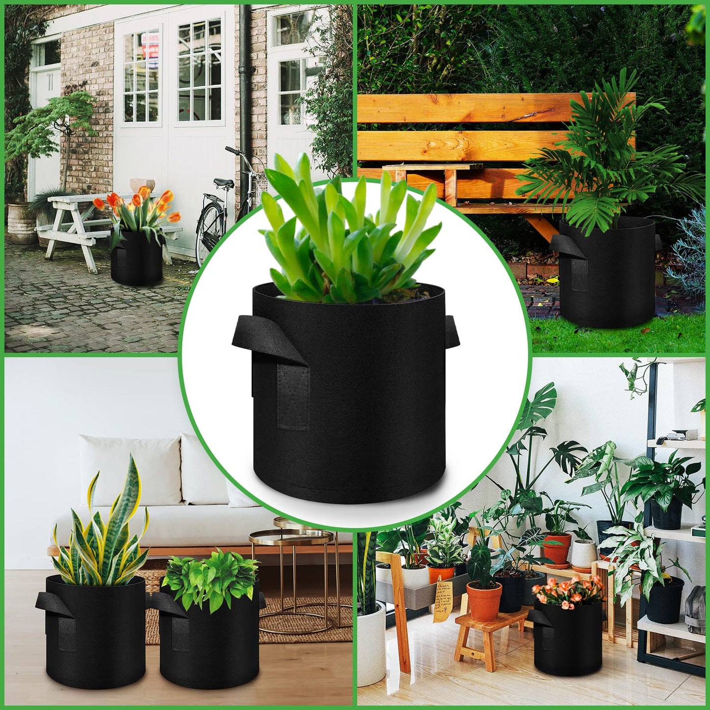 FineGearPow 5 Pack 10 Gallon Grow Bags, Heavy Duty Thickened Nonwoven Fabric Pots with Handles, Planter Grow Bags for Vegetables/Flower/Plant/Fruits, Black