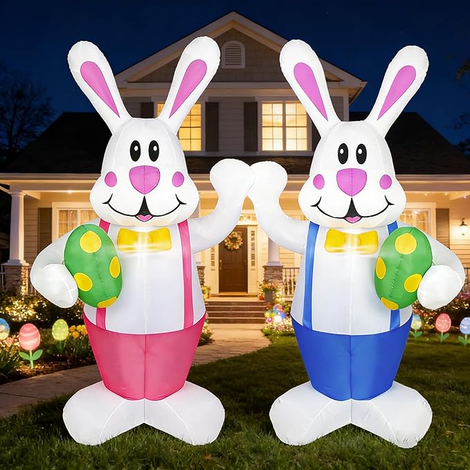 Dearsun Set of 2PCS, 6.2FT H Lovely Easter Inflatable Bunnies Holding Easter Egg, Easter Bunny Blow up Yard Decorations Giant Bunny for Holiday Party Indoor Outdoor Decorations