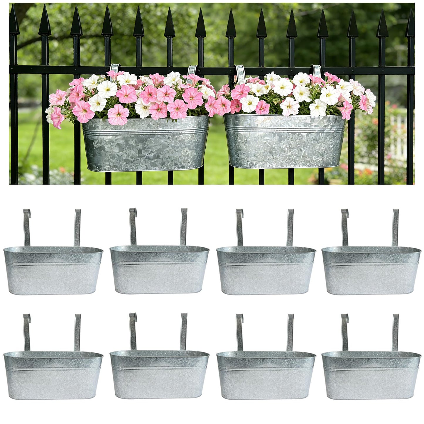 Joyfernal Balcony Galvanized Hanging Planters Railing Flower Pots, Outdoor Metal Fence Planter Pot with Detachable Hooks Drain Hole for Garden Patio Yard Decor (17 Inch, 8Pcs)
