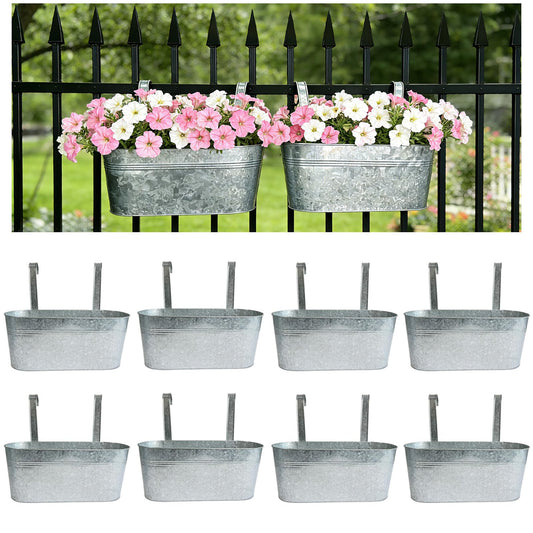 Joyfernal Balcony Galvanized Hanging Planters Railing Flower Pots, Outdoor Metal Fence Planter Pot with Detachable Hooks Drain Hole for Garden Patio Yard Decor (17 Inch, 8Pcs)