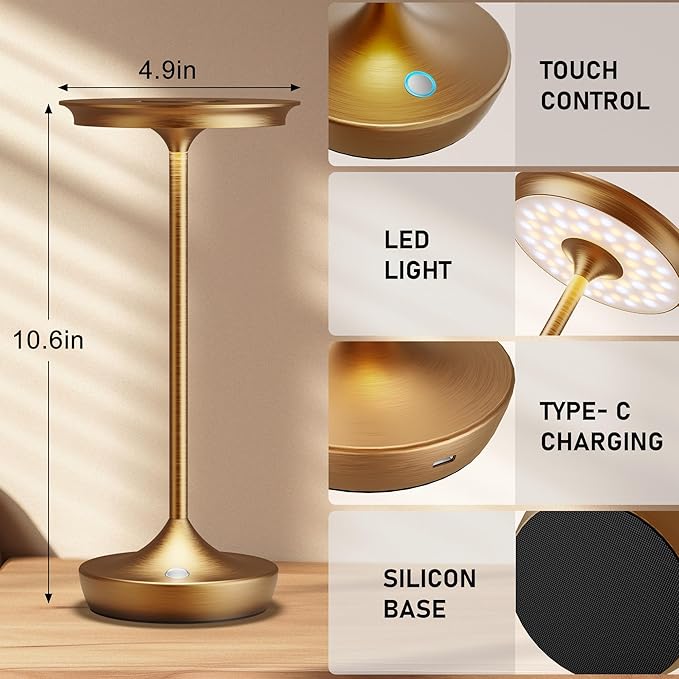 2 Pack LED Rechargeable Cordless Table Lamps, Portable Outdoor Battery Operated 3 Color Stepless Dimming Tables Light with Memory Function for Patio Restaurant Dining Room Bronze
