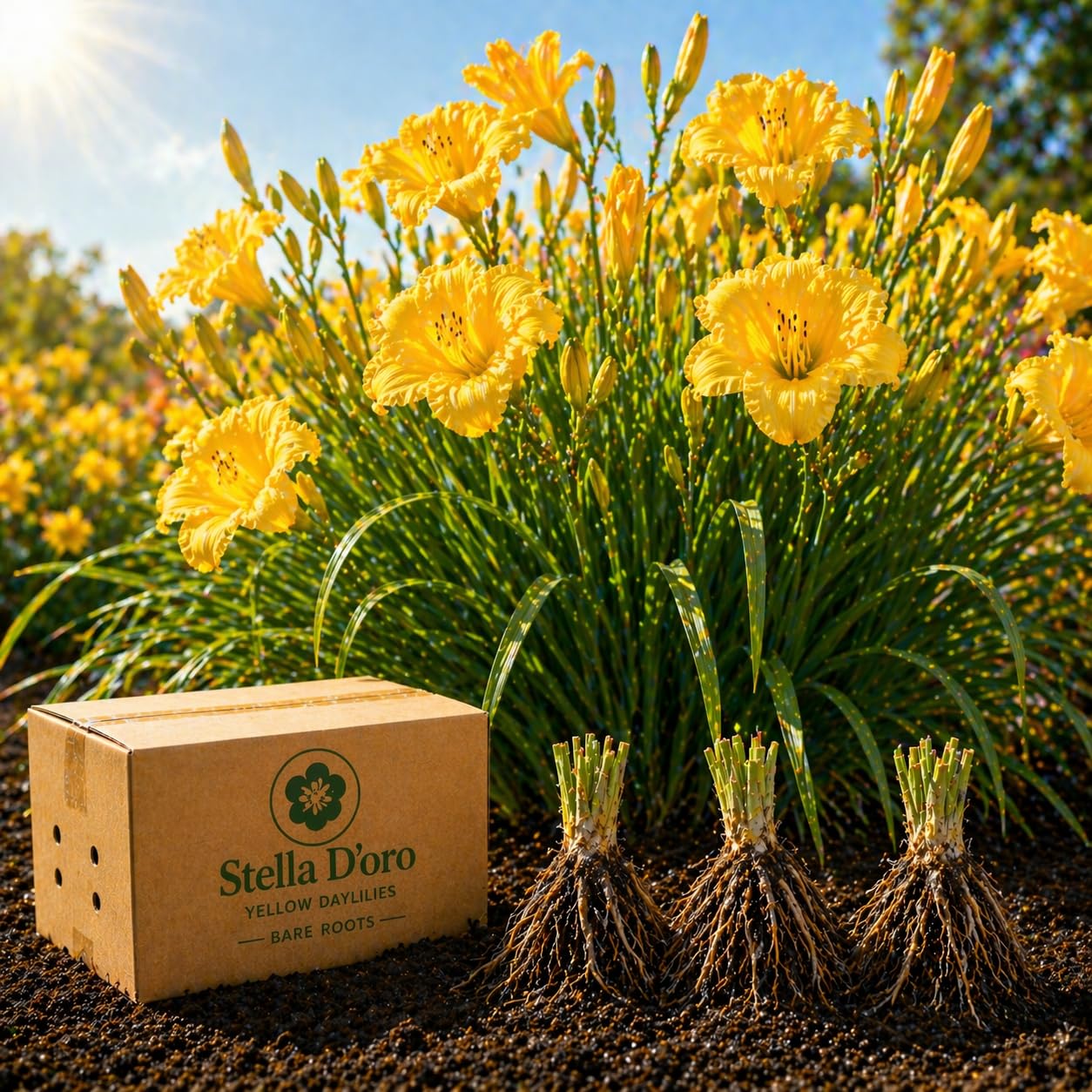 American Stella D’Oro Daylily Bare Roots – Perennial Hemerocallis for Spring Planting – Easy-to-Grow Outdoor Garden Flowers – Attracts Butterflies & Bees (9, Nine Bare Roots)
