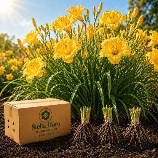 American Stella D’Oro Daylily Bare Roots – Perennial Hemerocallis for Spring Planting – Easy-to-Grow Outdoor Garden Flowers – Attracts Butterflies & Bees (12, Twelve Bare Roots with Bulb Planter)