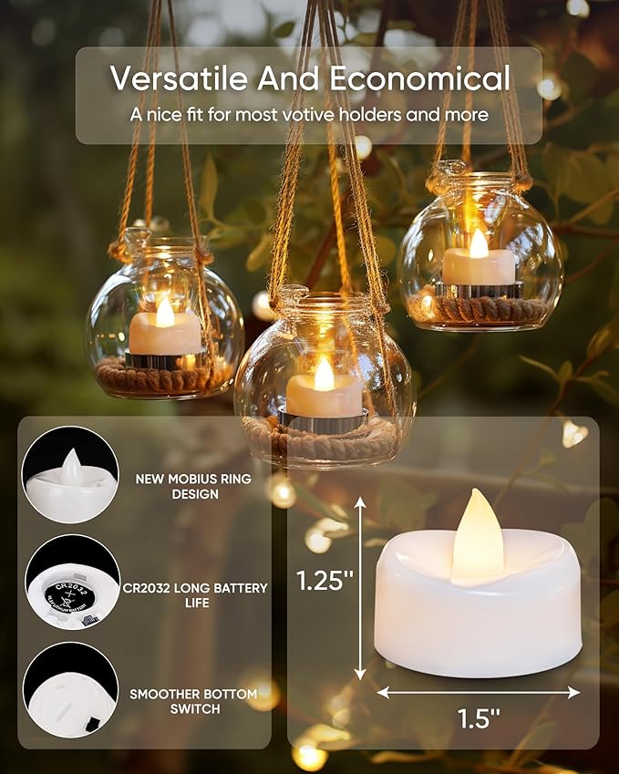 LED Candles, Tea Lights Candles Battery Operated Bulk, 100PCS Long-Lasting 200 Hours Flameless Tealight Candles, Realistic Flickering Wedding Candles for Festival Decor, 1.5'' D X 1.25'' H