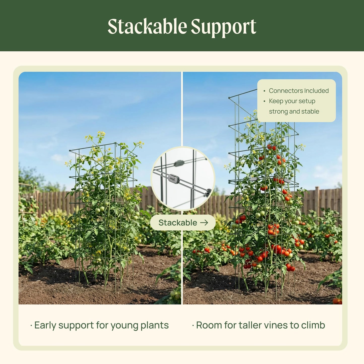 Vego Garden 4 Pack 11.5" Square Tomato Cage for Garden & Pots, Rust-Resistant Tomato Stakes Heavy Gauge Plant Cage Trellis Support for Climbing Vegetables Plants