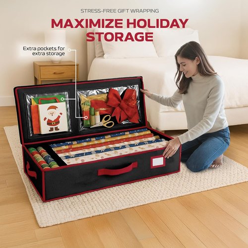 Christmas Wrapping Paper Organizer by [Brand Name] - Storage Bag with Straps & Pockets for 24 Rolls | Black Underbed Storage