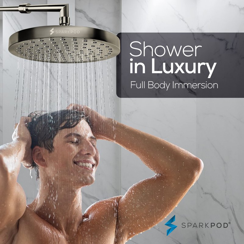 SparkPod Shower Head - High Pressure Rain - Premium Quality Luxury Design - Easy Clean Adjustable Replacement for Your Bathroom Shower Heads (Elegant Brushed Nickel, 8 Inch Round)