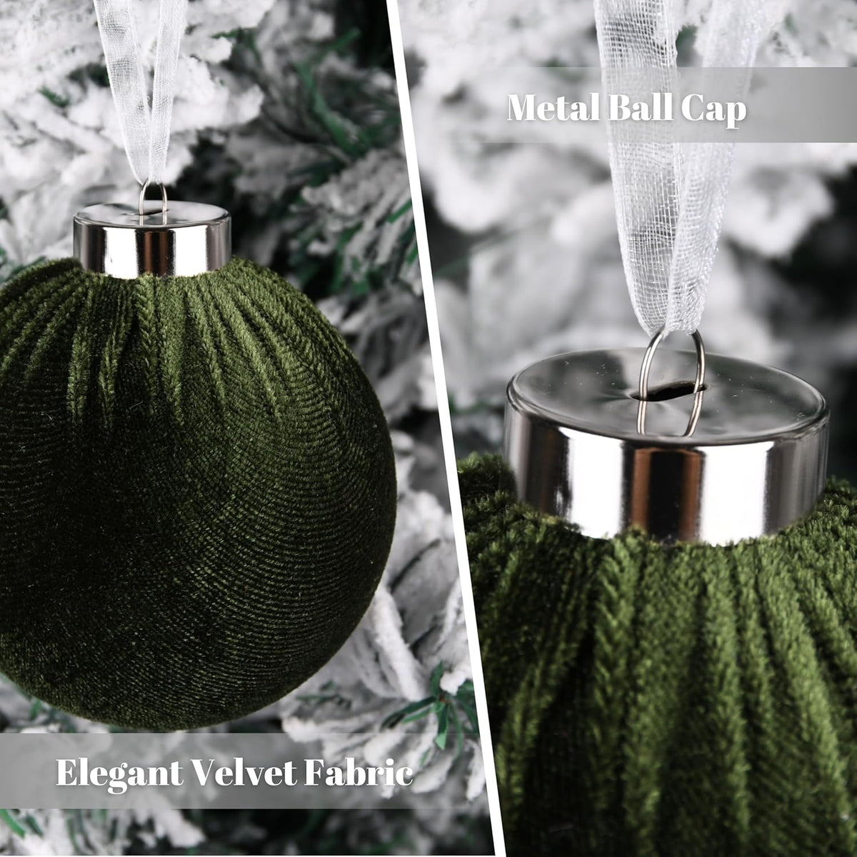 Skiennix Christmas Tree Ornaments - Velvet Shatterproof Balls Set of 15 - Multicolor Green, Brown, Neutral, 80mm