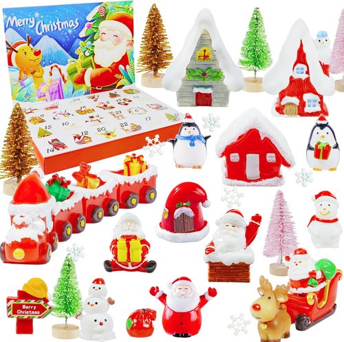 Hiawbon Mini Santa Figurines - 24-Day Advent Calendar with Resin Santa, Snowman & Xmas Trees for Holiday Decor