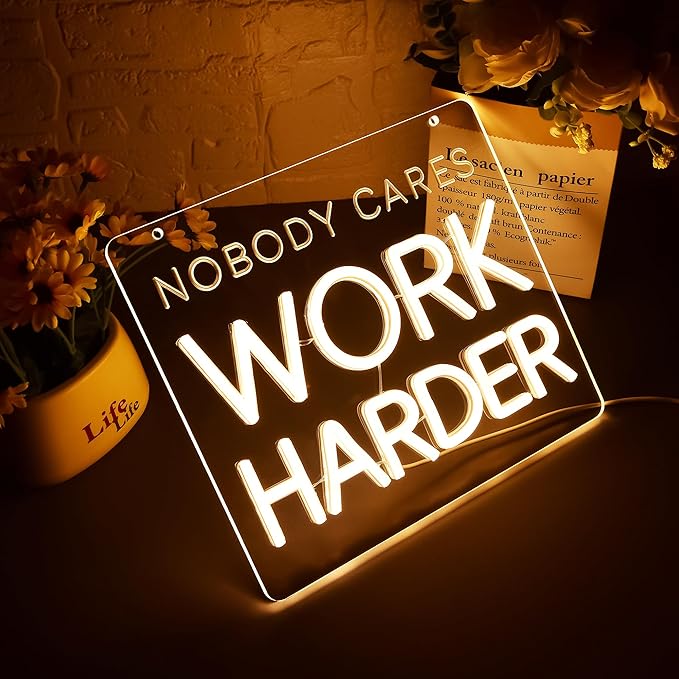 Nobody Cares Work Harder Neon Sign for Wall Decor Inspirational LED Neon Light for Home Gym Office Dimmable Gym Wall Art Sign Motivational Decor for Study Room Gifts for Men Size 11 * 9.6in(GLNP130)