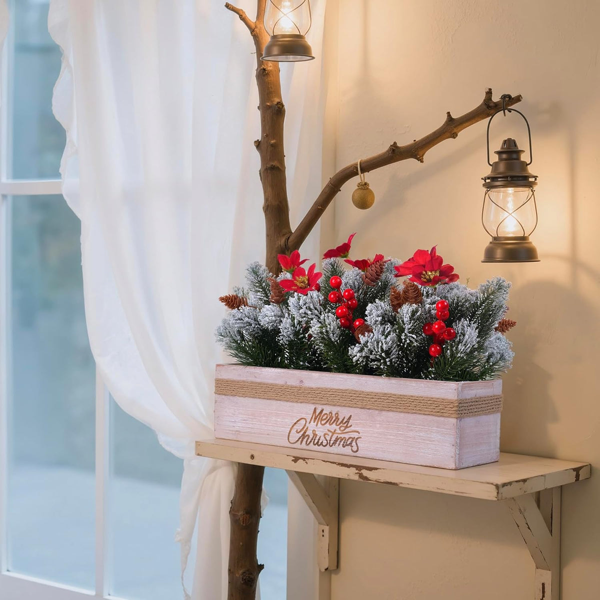 SVENJBB Christmas Table Centerpiece - Red Poinsettias, Snowy Norfolk Pine & Berries in Wooden Box