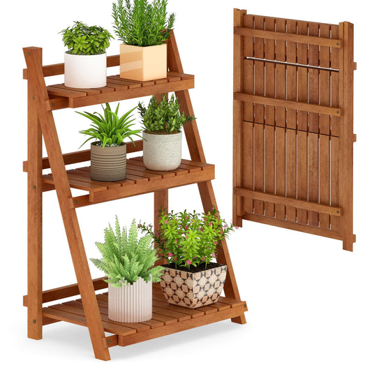 Giantex Foldable Ladder Plant Shelf, 3-Tier Solid Wood Indoor Outdoor Flower Pot Display Rack, Corner Storage Bookshelf, Freestanding Tiered Plant Stand for Garden Patio Balcony, No Assembly