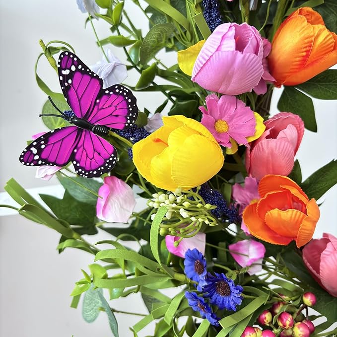 24 Inch Spring & Summer Artificial LED Tulip Wreath with LED Lights, Multicolor, for Easter, Holidays & Celebrations