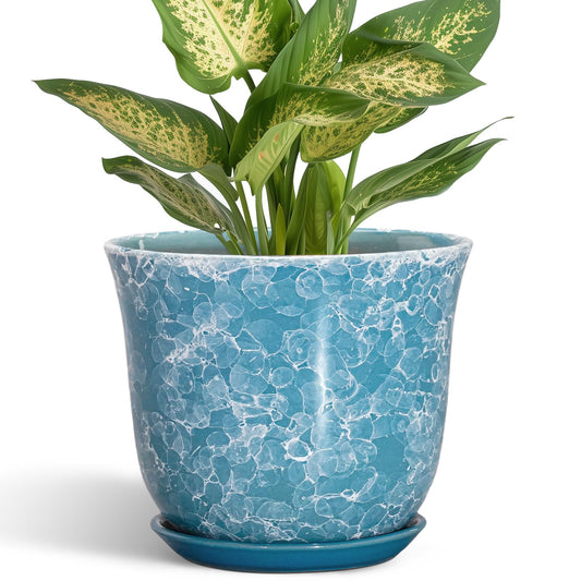 SUNPOTFOR Ceramic Pots for Plants - 5.6 Inch Plant Pot with Drainage Hole and Saucer, Round Succulent Flower Orchid Pot for Indoor Outdoor, Modern Planter, Home Room Decor, Gift for Plant Lover, Blue