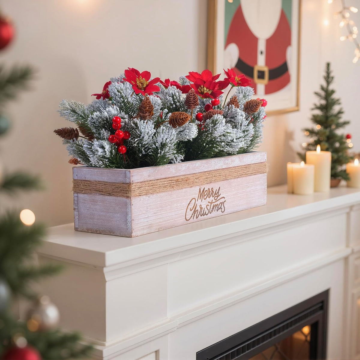 SVENJBB Christmas Table Centerpiece - Red Poinsettias, Snowy Norfolk Pine & Berries in Wooden Box