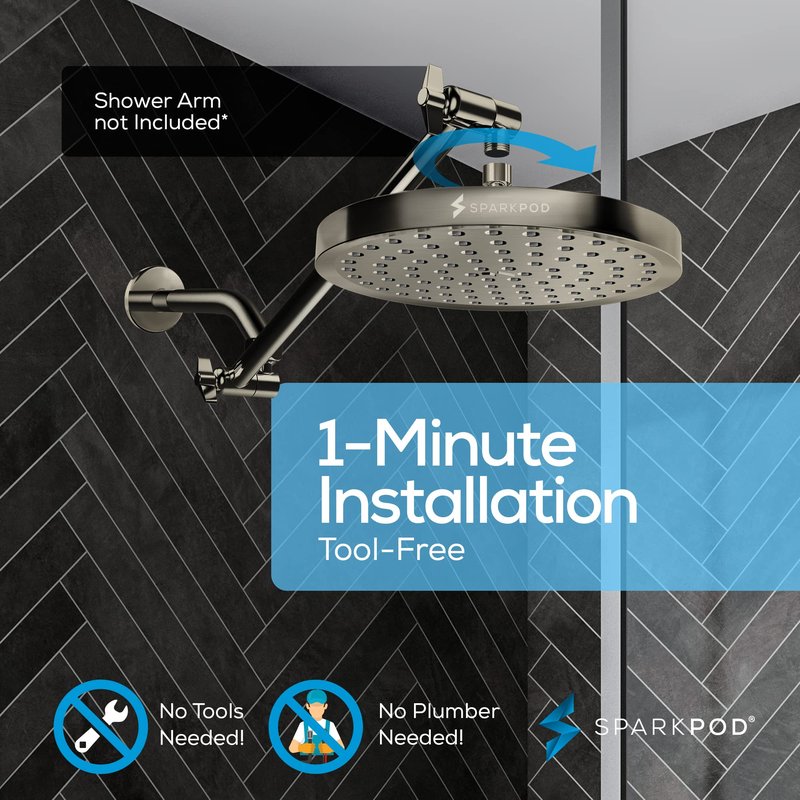 SparkPod Shower Head - High Pressure Rain - Premium Quality Luxury Design - Easy Clean Adjustable Replacement for Your Bathroom Shower Heads (Elegant Brushed Nickel, 8 Inch Round)