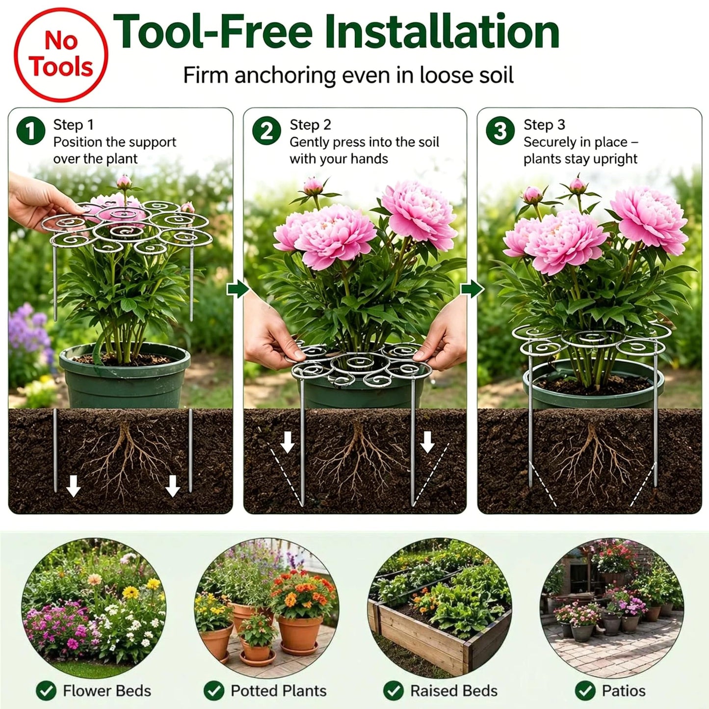 Peony Cages and Supports – Heavy Duty Metal Flower Support Ring, Grow Through Plant Support Stakes for Peonies, Roses, Hydrangeas, Tomatoes, Outdoor Garden Plant Cage, Weather-Resistant