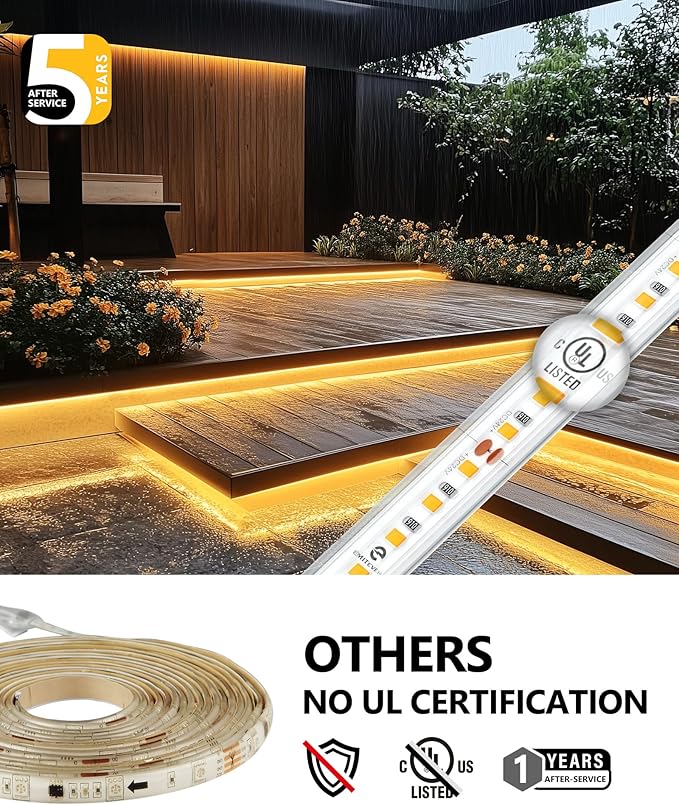 EMITEVER Outdoor LED Strip Lights Waterproof 16.4ft, 2700K Warm White 24V Dimmable Silicone LED Tape Lighting IP67 High Density, 240+LM/ft, 600LEDs,2.9W/ft, UL Listed (Power Supply Not Included)