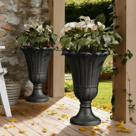 Diyfire Plastic Urn Planters Set of 2, 23.6" Tall Pedestal Planter with Drainage Holes, Vintage Petal Garden Planter Urns for Front Porch, Large Plant Urns Outdoor & Indoor Flower Pots, Black