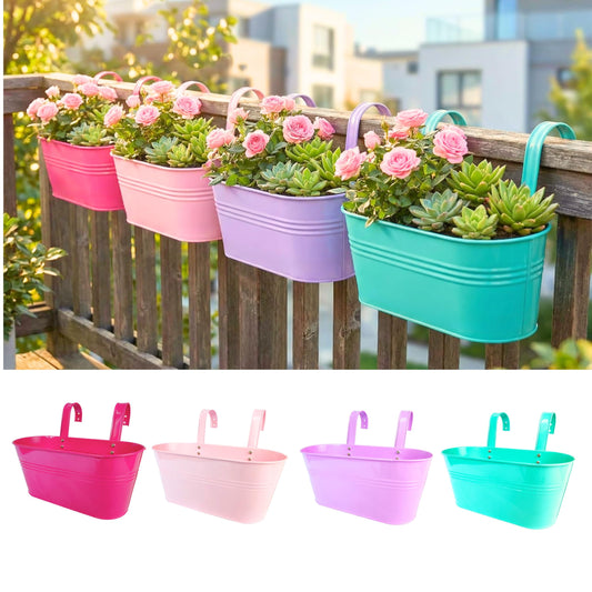 LaLaGreen Rail Planter (17 Inch, 4 Pack) Large Colorful Hanging Flower Pots Fence Railing Balcony Gardening for Apartment Patio Planters Porch Decor Garden Metal Iron Outdoor Deck Modern Decorations