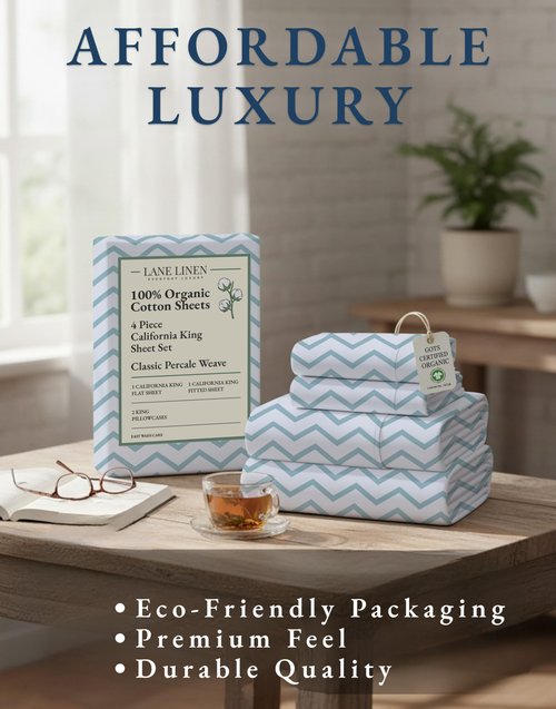 LANE LINEN 100% Organic Cotton Printed California King Sheets Set, 4-Piece All Seaons Soft & Comfy Mercerized Fully Elasticized Naturally Temperature Regulating Printed Cotton Cal King Sheets -Chevron