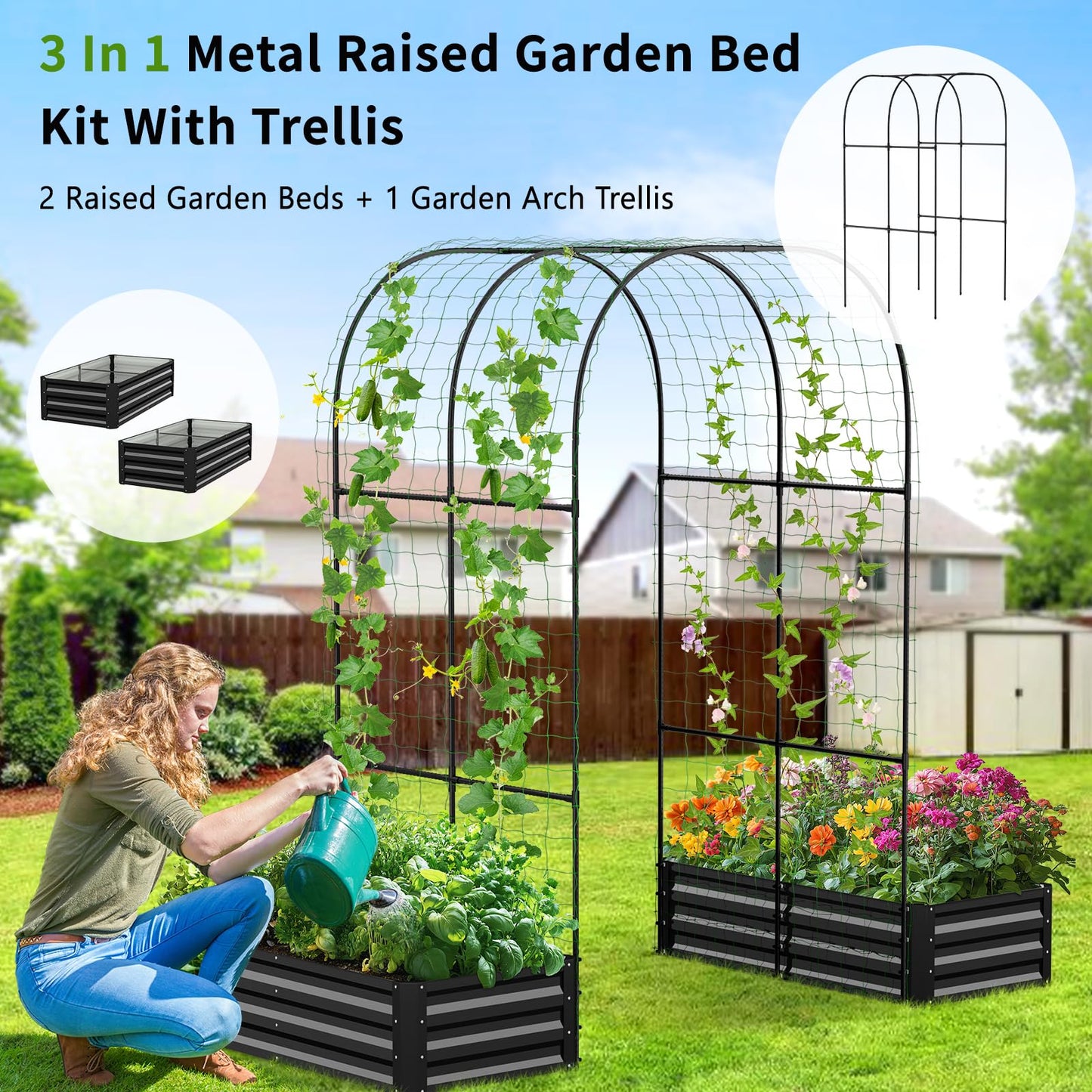 DoCred 3 in 1 Raised Garden Bed with 87in Tall Arch Trellis for Climbing Plants, Galvanized Planter Garden Box Outdoor for Gardening, Climbing Vegetables, Flower, Black
